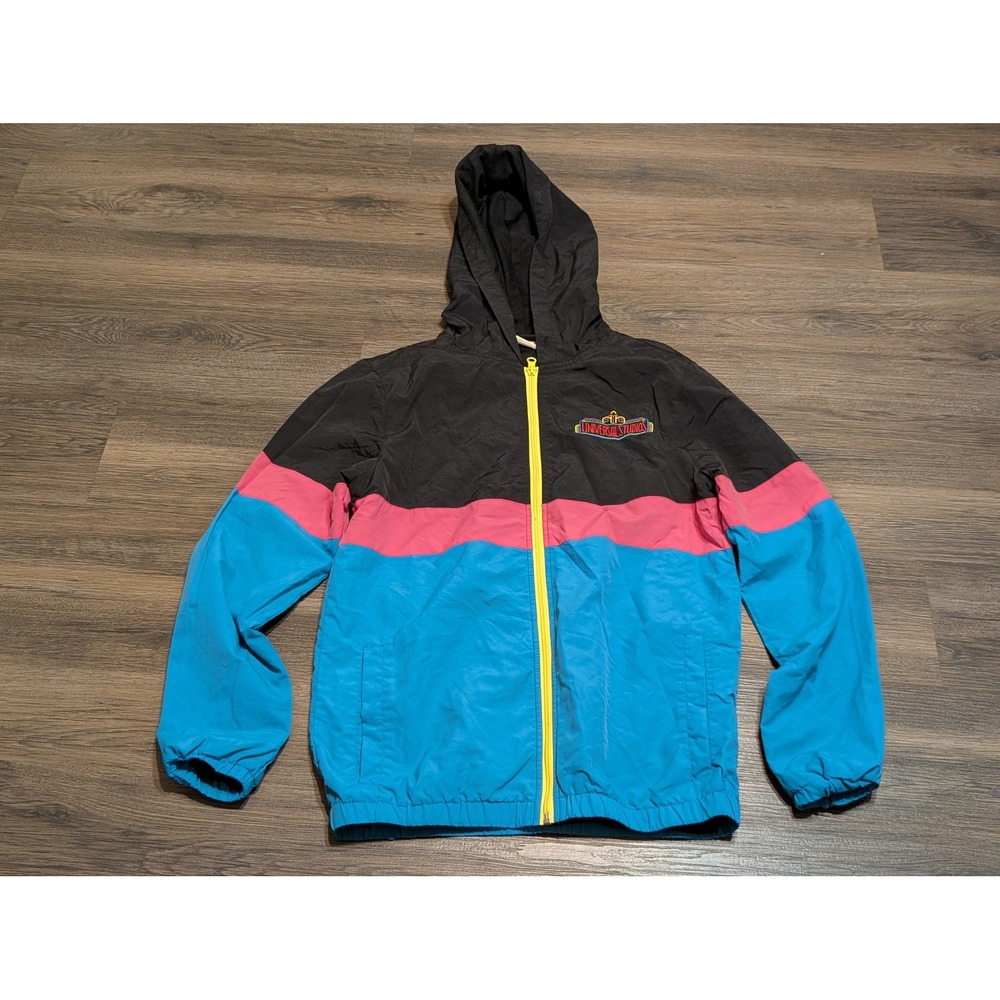Universal Studios Windbreaker Jacket Small Black Pink Blue Neon Colorblock Retro